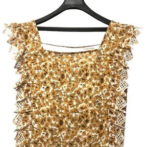 NWOT Floral Cropped Top Ruffle Detail Smocked Back with Tie Size S New